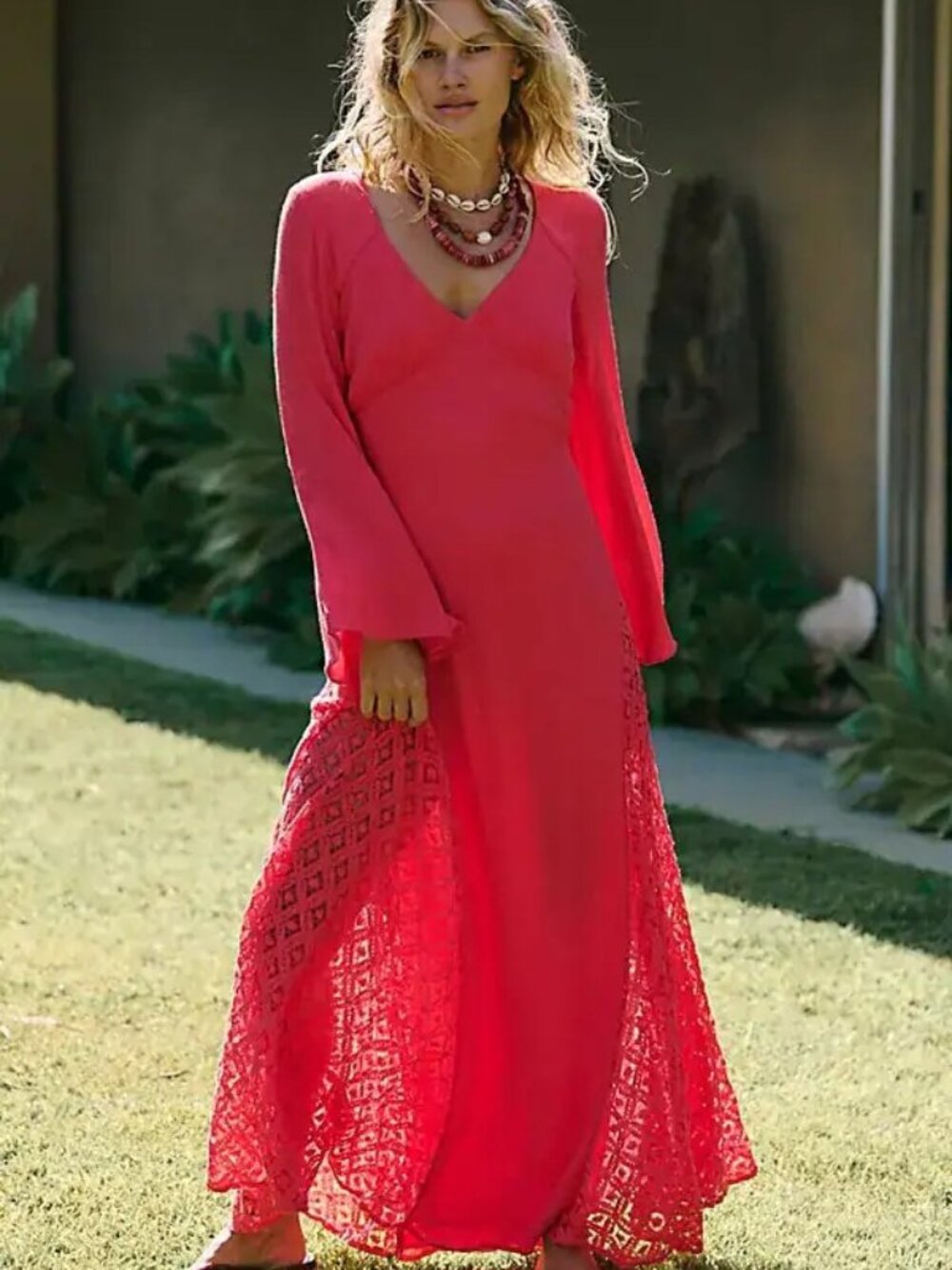 Free People Hot Pink Crochet-Trim Hazel Maxi Dress